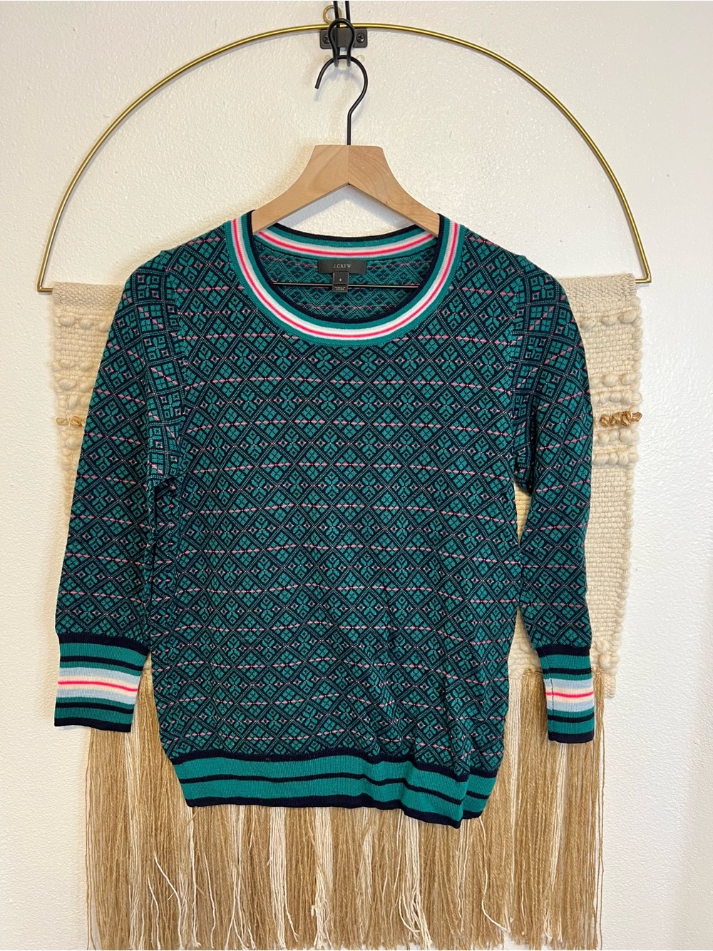 J. Crew Teal Geometric Crewneck Sweater Merino Wool S